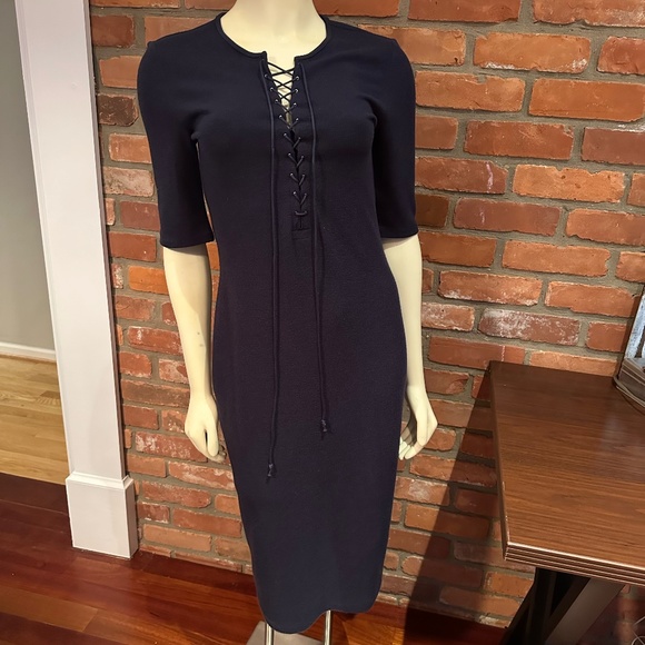 Derek Lam 10 Crosby Blue Ribbed Knit Lace Up Bodycon Midi Dress Size Large - Picture 1 of 4